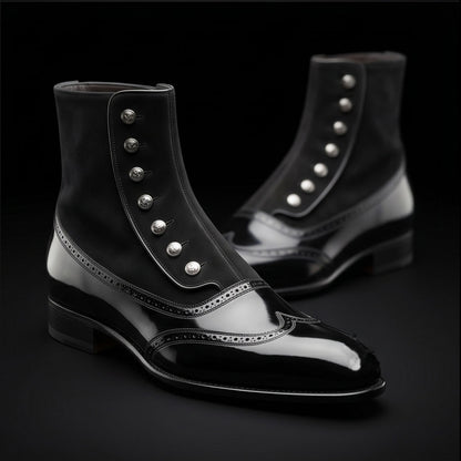 Men's Black Patent Leather Ankle High Button Boots