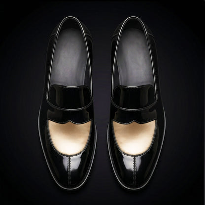 Men's Black & Beige Leather Penny Loafers