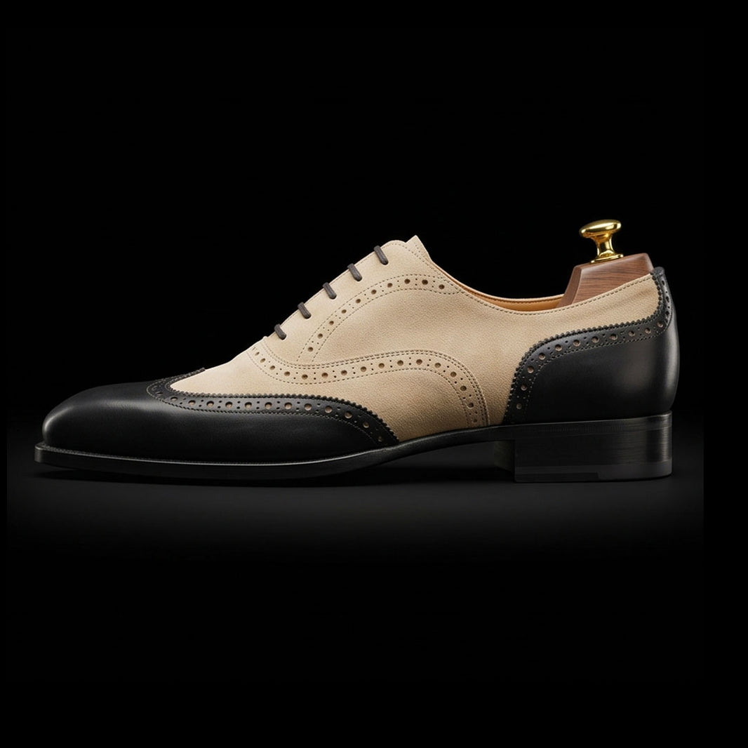 Men's Black & Beige Suede Leather Wingtip Oxford Shoes