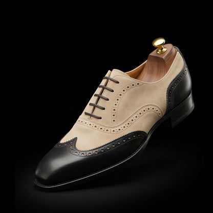 Men's Black & Beige Suede Leather Wingtip Oxford Shoes