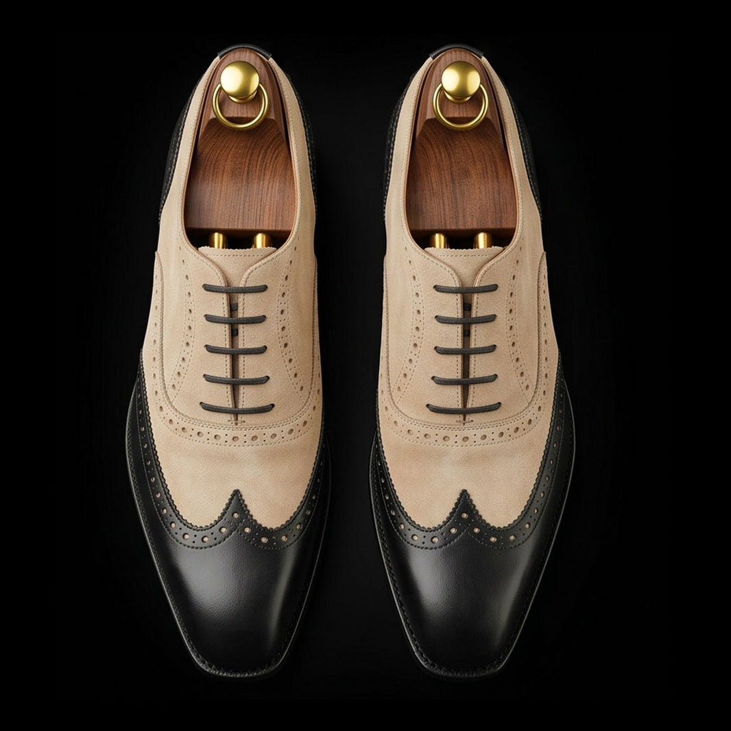 Men's Black & Beige Suede Leather Wingtip Oxford Shoes