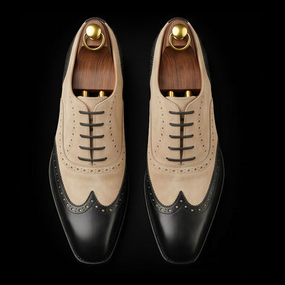 Men's Black & Beige Suede Leather Wingtip Oxford Shoes