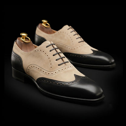 Men's Black & Beige Suede Leather Wingtip Oxford Shoes