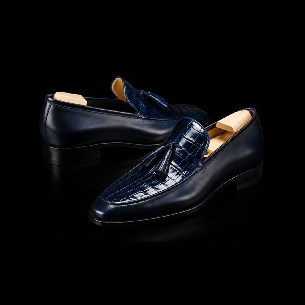 Men's Blue Alligator Texture Leather Tassel Loafers
