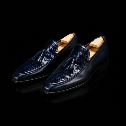 Men's Blue Alligator Texture Leather Tassel Loafers