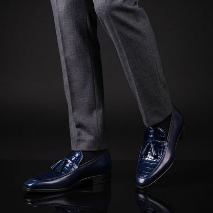 Men's Blue Alligator Texture Leather Tassel Loafers