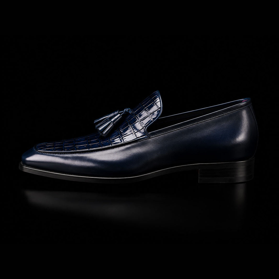 Men's Blue Alligator Texture Leather Tassel Loafers
