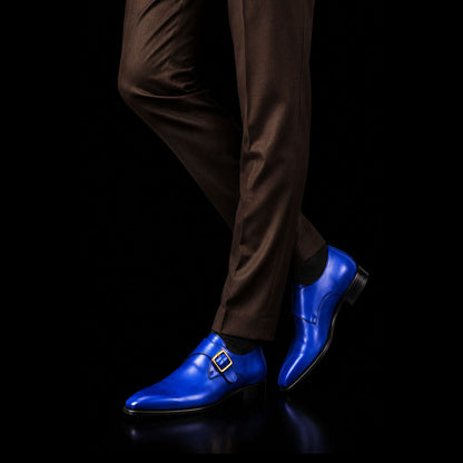 Men's Blue Leather Monk Buckle Shoes