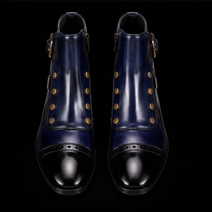 Men's Blue Patina Leather Ankle High Military Boots