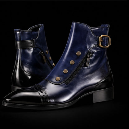 Men's Blue Patina Leather Ankle High Military Boots