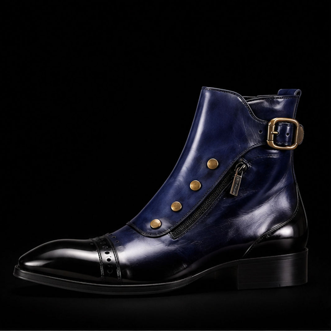 Men's Blue Patina Leather Ankle High Military Boots