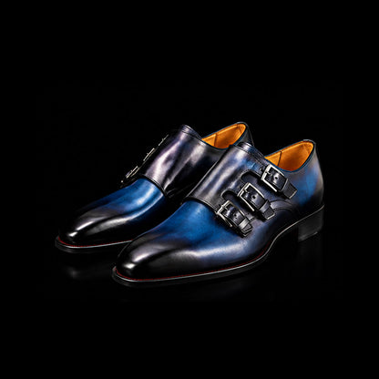 Men's Blue Patina Leather Triple Monk Dress Shoes
