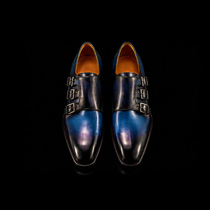 Men's Blue Patina Leather Triple Monk Dress Shoes