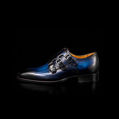 Men's Blue Patina Leather Triple Monk Dress Shoes