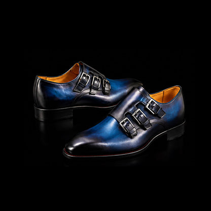 Men's Blue Patina Leather Triple Monk Dress Shoes
