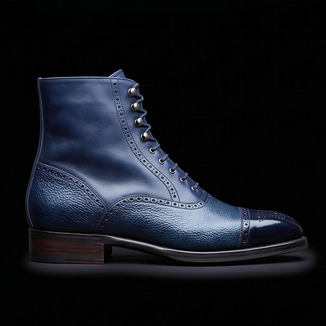 Men's Blue Pebbled Leather Ankle High Boots