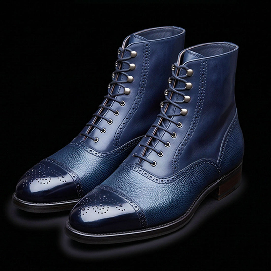 Men's Blue Pebbled Leather Ankle High Boots