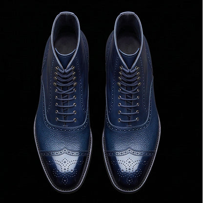 Men's Blue Pebbled Leather Ankle High Boots