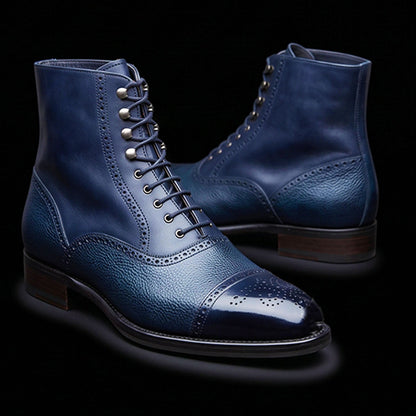 Men's Blue Pebbled Leather Ankle High Boots