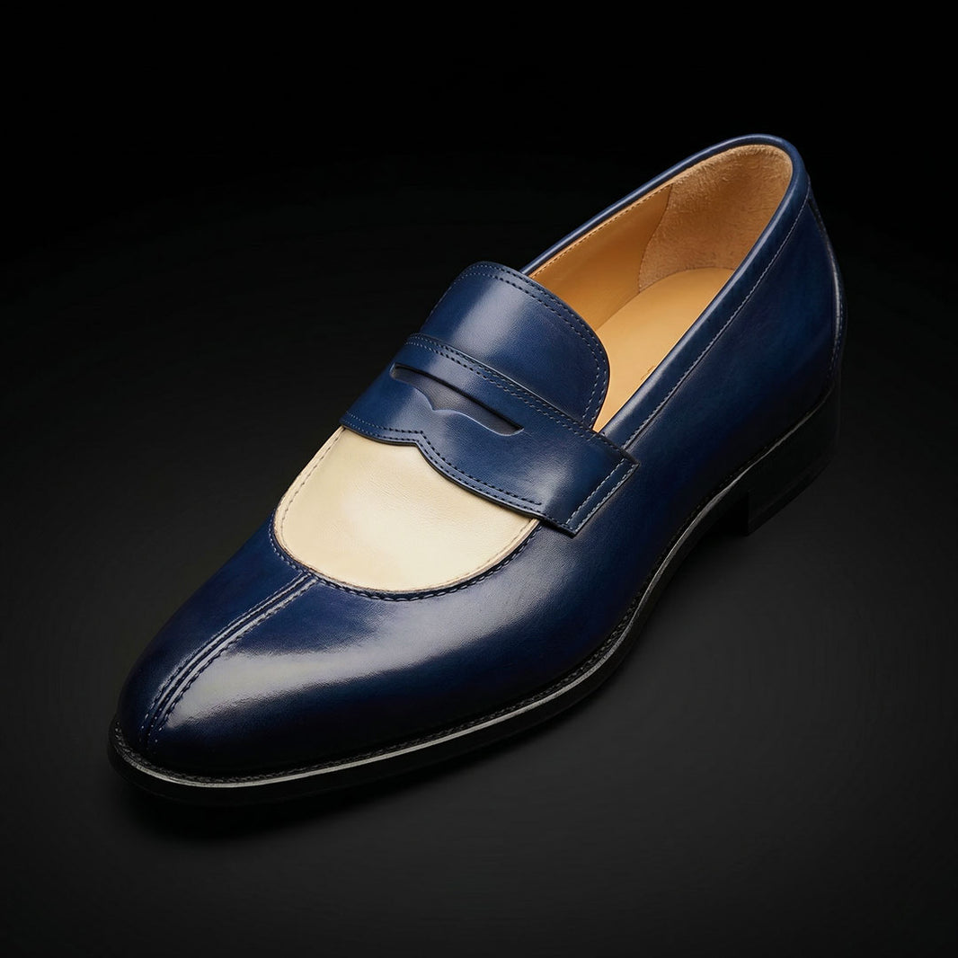 Men's Blue & Beige Patina Leather Moccasin Loafers
