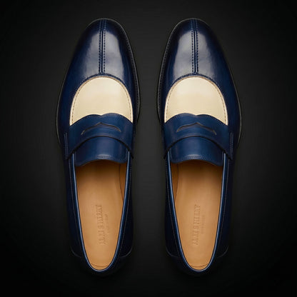 Men's Blue & Beige Patina Leather Moccasin Loafers