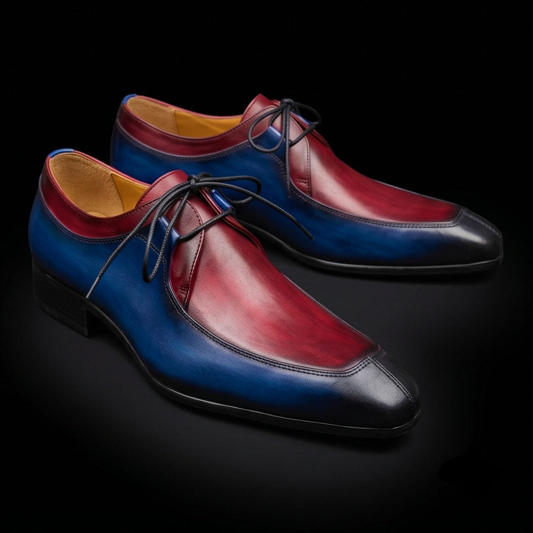 Men's Blue & Burgundy Hand Painted Leather Shoes