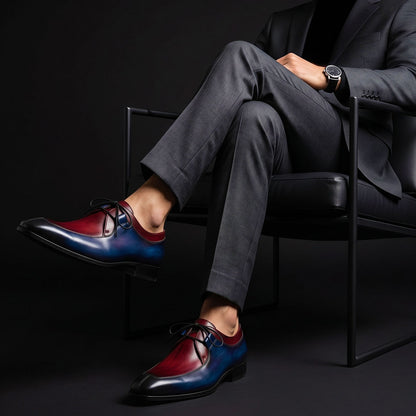 Men's Blue & Burgundy Hand Painted Leather Shoes