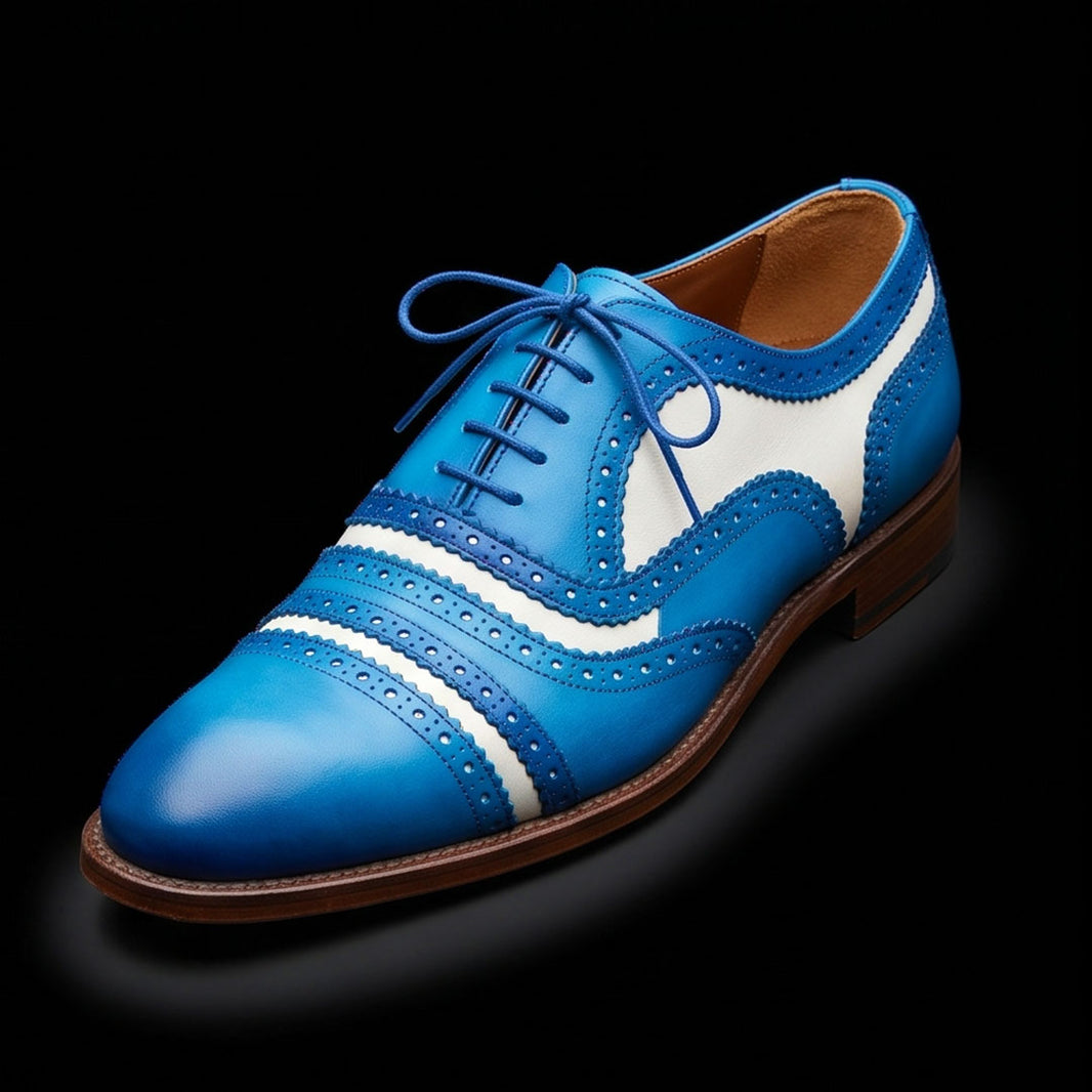 Men's Blue & White Leather Cap Toe Spectator Shoes
