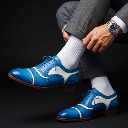 Men's Blue & White Leather Cap Toe Spectator Shoes
