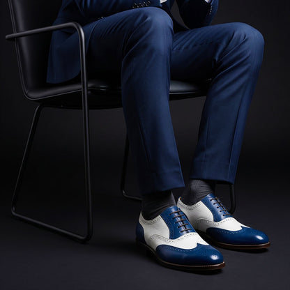 Men's Blue & White Leather Wingtip Brogue Oxford Shoes