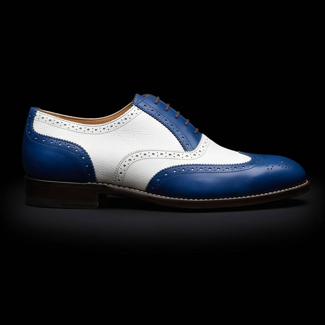 Men's Blue & White Leather Wingtip Brogue Oxford Shoes