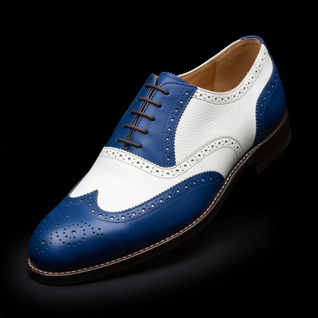 Men's Blue & White Leather Wingtip Brogue Oxford Shoes