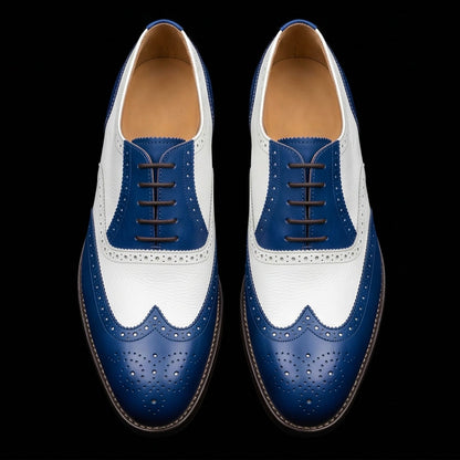 Men's Blue & White Leather Wingtip Brogue Oxford Shoes