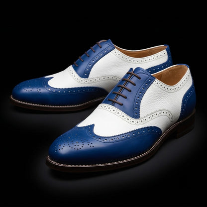Men's Blue & White Leather Wingtip Brogue Oxford Shoes