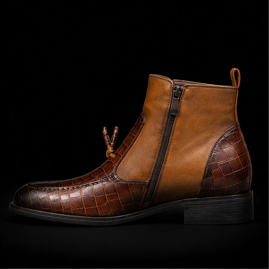 Men's Brown Alligator Texture Leather Tasseled Zipper Boots