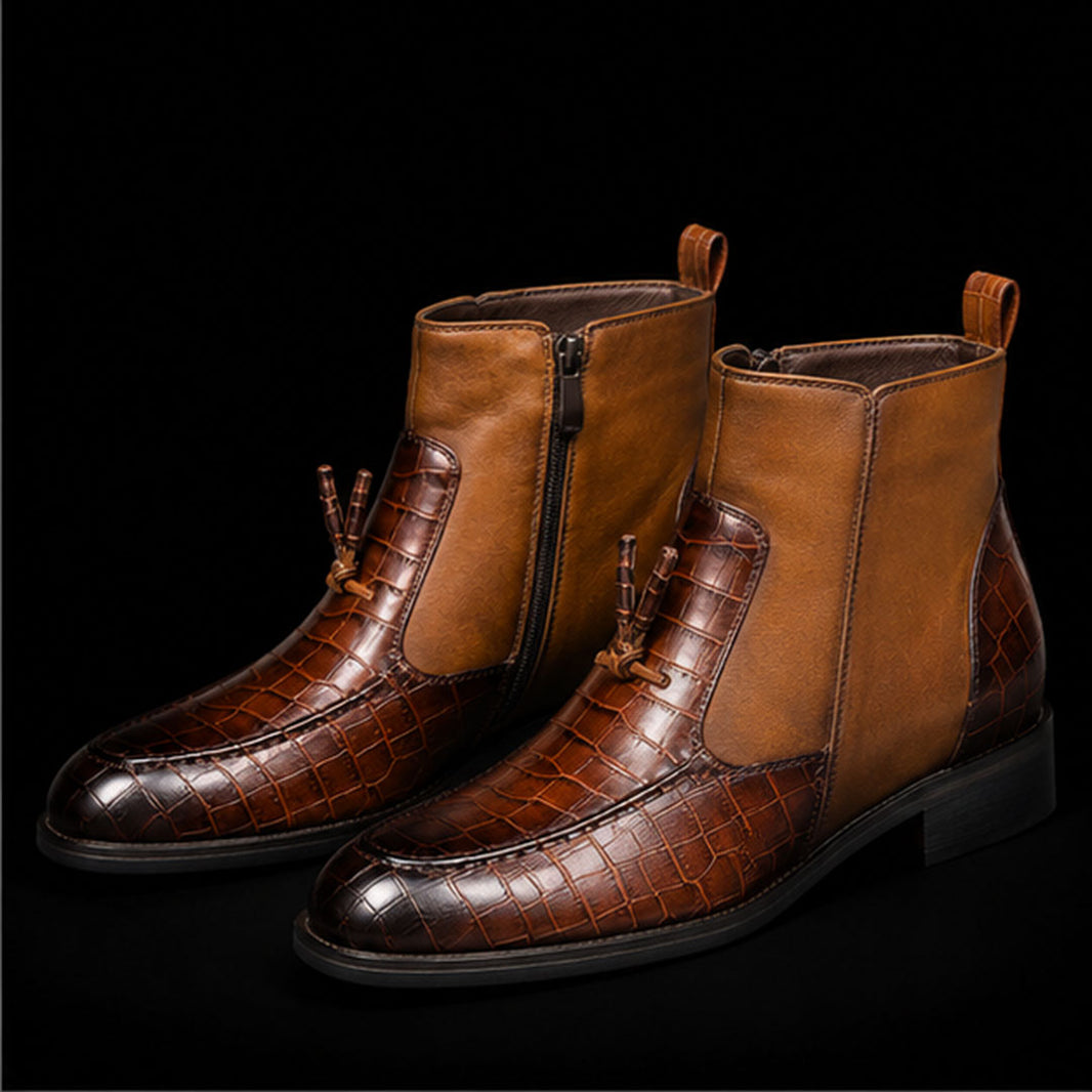 Men's Brown Alligator Texture Leather Tasseled Zipper Boots