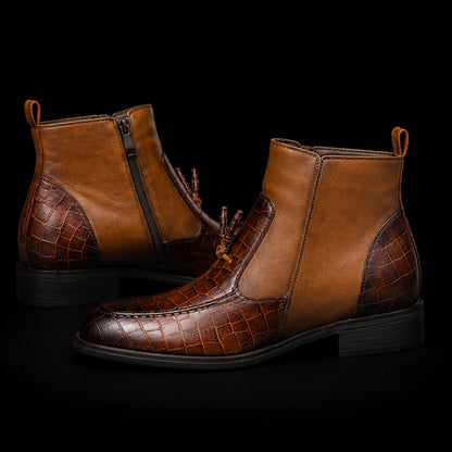 Men's Brown Alligator Texture Leather Tasseled Zipper Boots