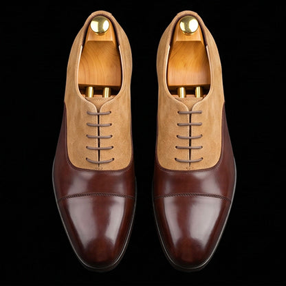 Men's Brown Beige Suede Leather Cap Toe Dress Shoes