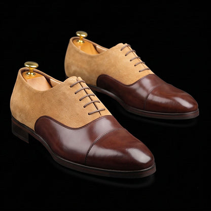 Men's Brown Beige Suede Leather Cap Toe Dress Shoes