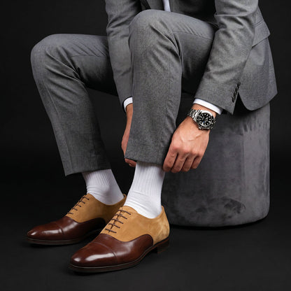 Men's Brown Beige Suede Leather Cap Toe Dress Shoes