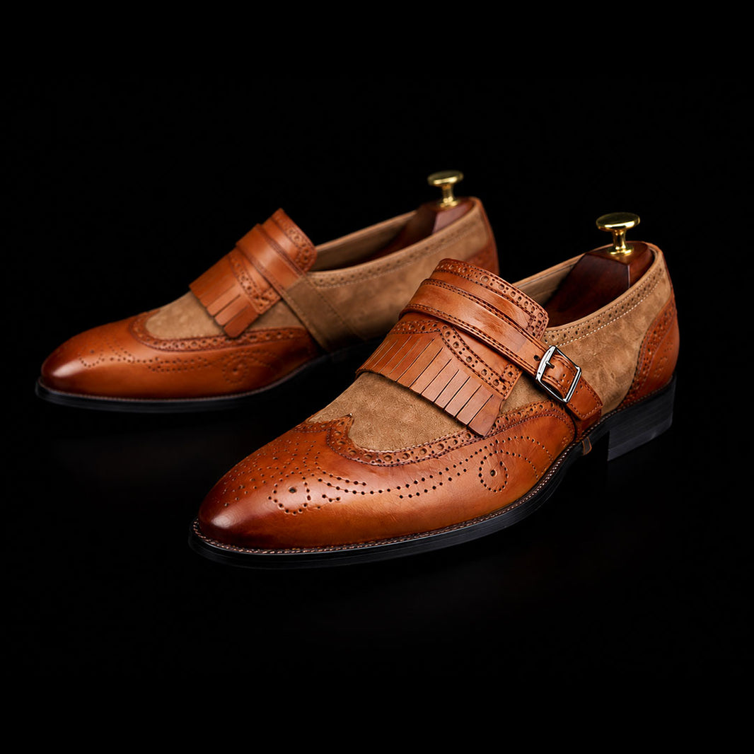 Men's Brown Brogue Wingtip Monk Shoes