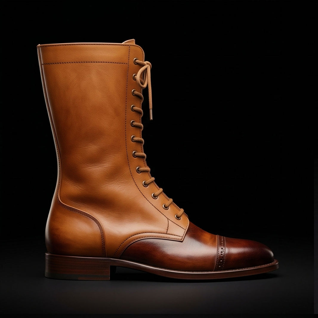 Men's Brown Leather Calf High Military Boots