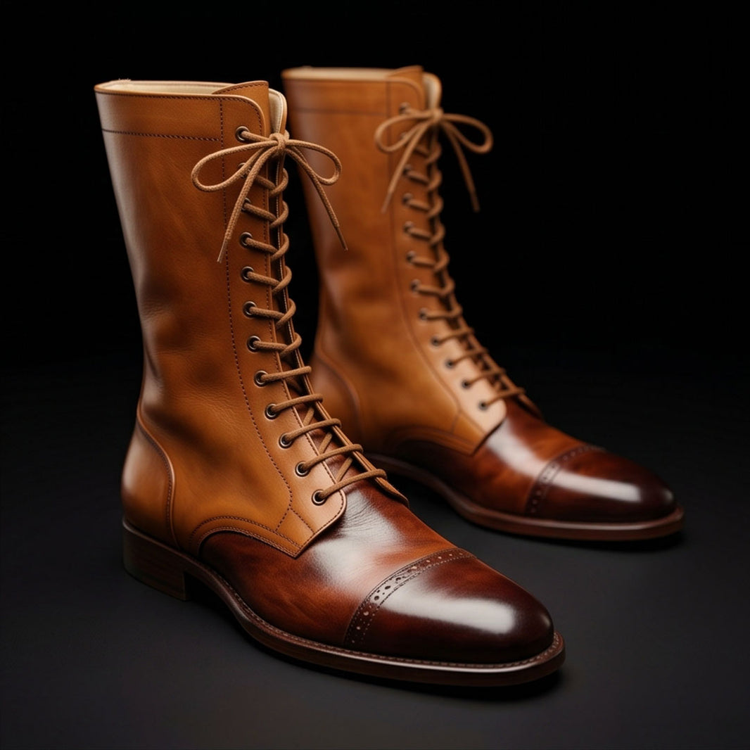 Men's Brown Leather Calf High Military Boots