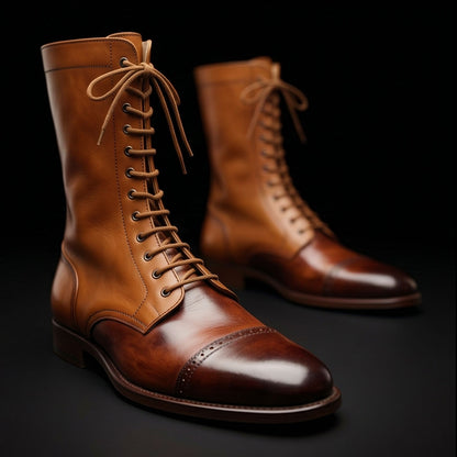 Men's Brown Leather Calf High Military Boots