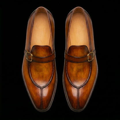 Men's Brown Patina Leather Monk Buckle Loafers