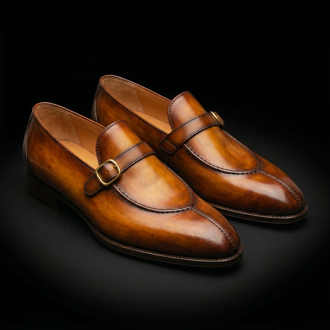 Men's Brown Patina Leather Monk Buckle Loafers