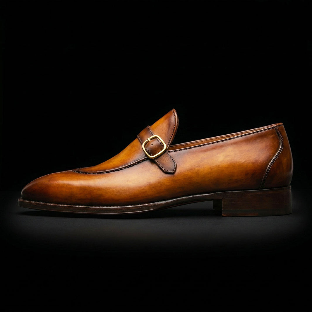 Men's Brown Patina Leather Monk Buckle Loafers