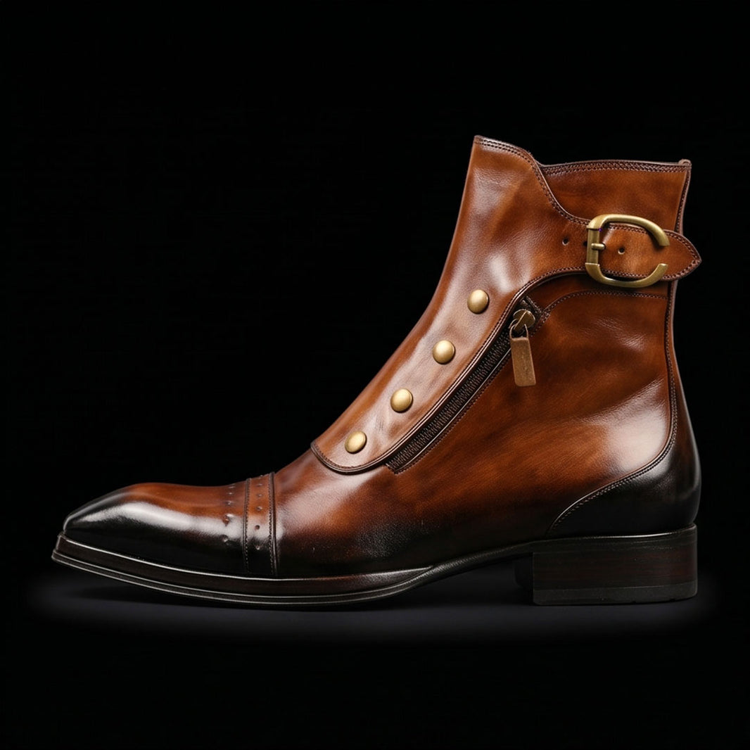 Men's Brown Patina Leather Ankle High Military Boots