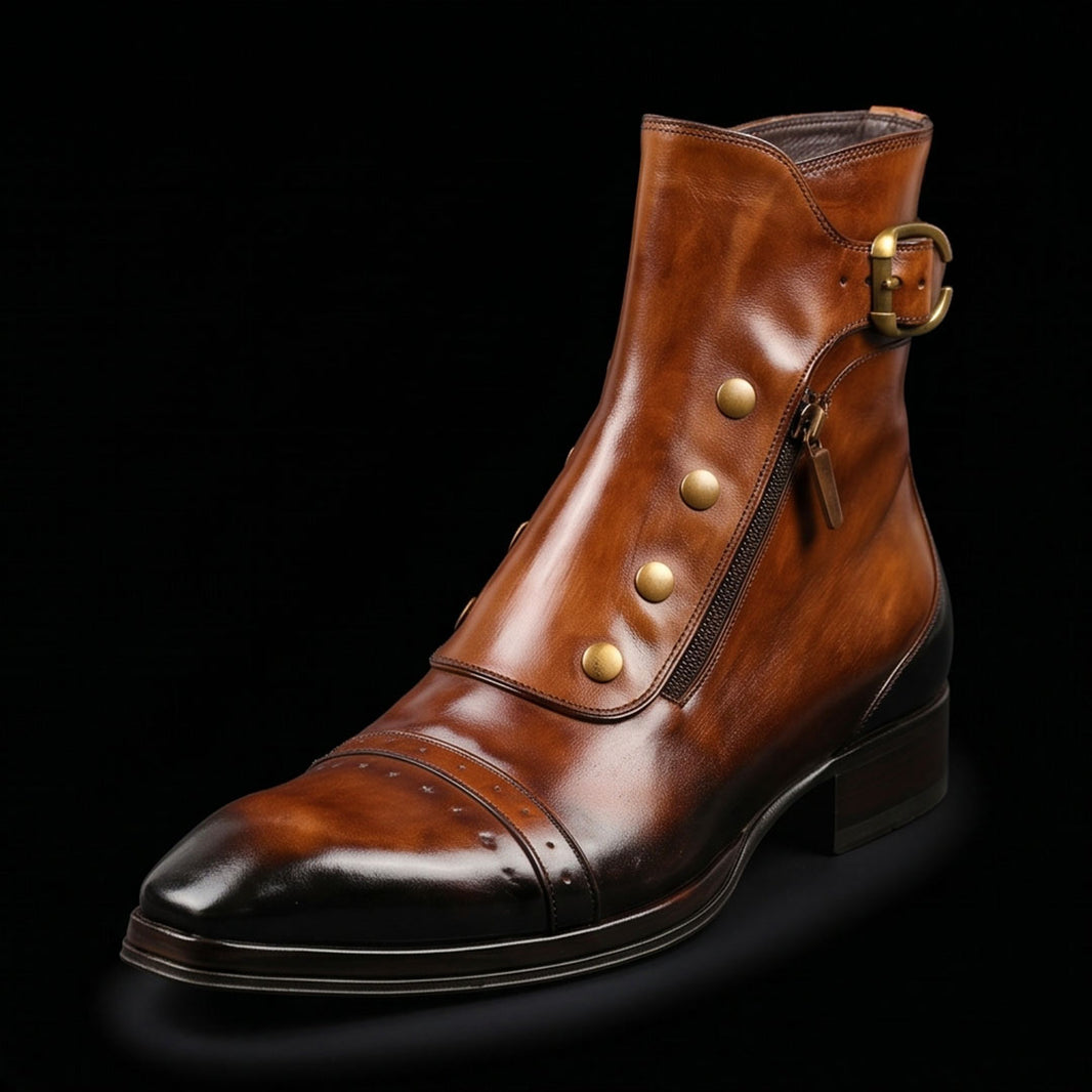 Men's Brown Patina Leather Ankle High Military Boots