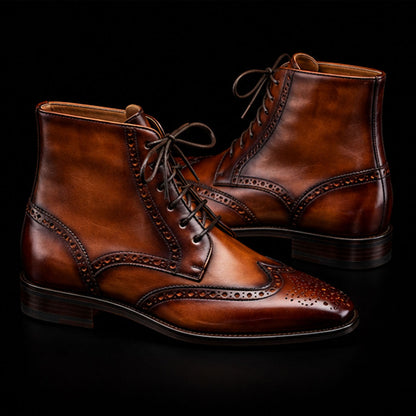 Men's Brown Patina Leather Ankle High Wingtip Boots